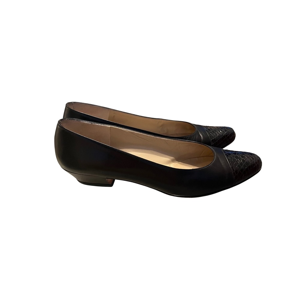 Salvatore Ferragamo Margaret Black Calf Leather Snakeskin Cap Toe Pumps 9 AAA - Picture 5 of 12